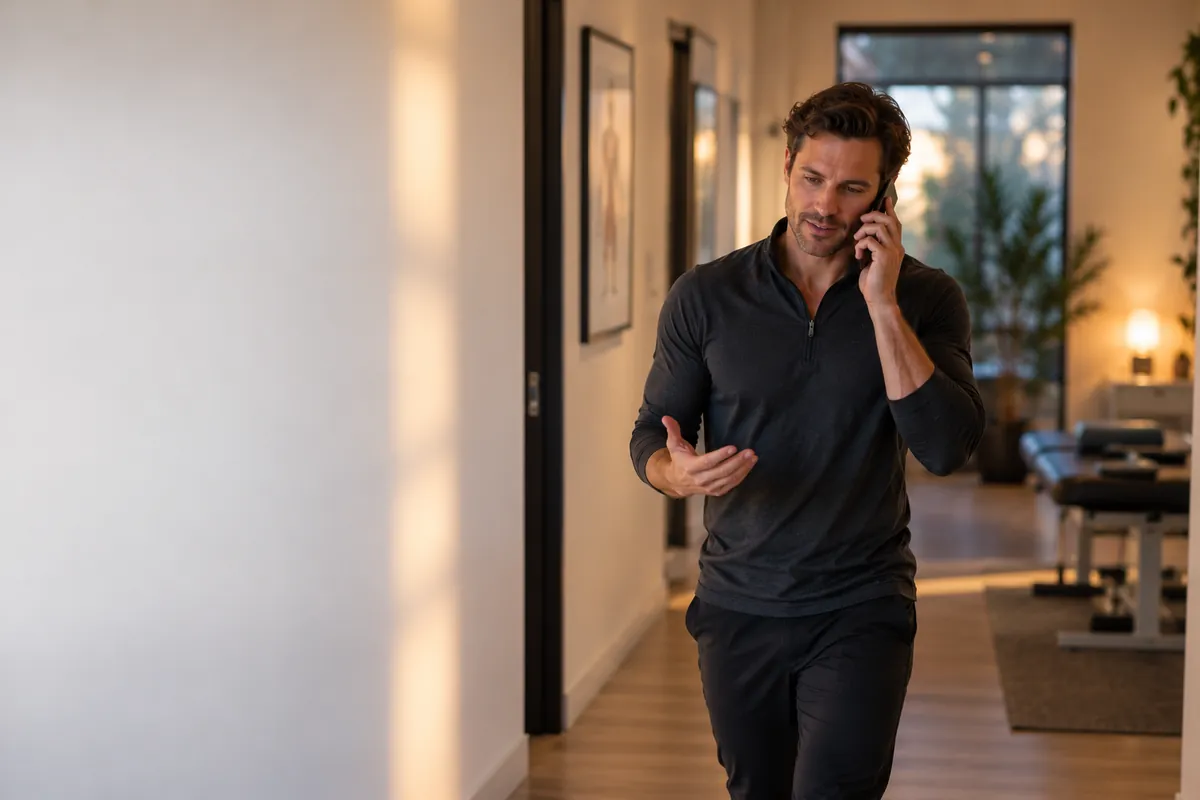 Chiropractor practicing a patient conversation by phone with an AI sales coach