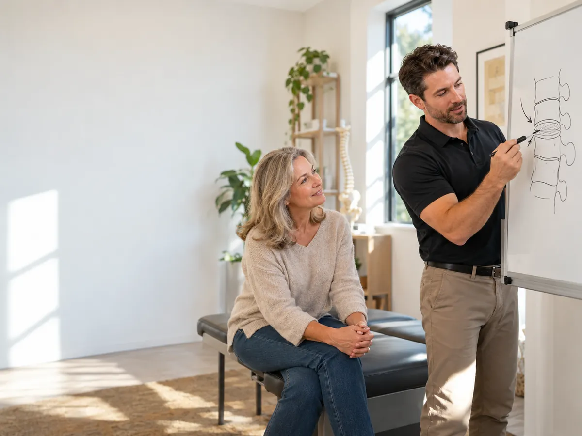 Chiropractor explaining spinal decompression to a patient at a whiteboard
