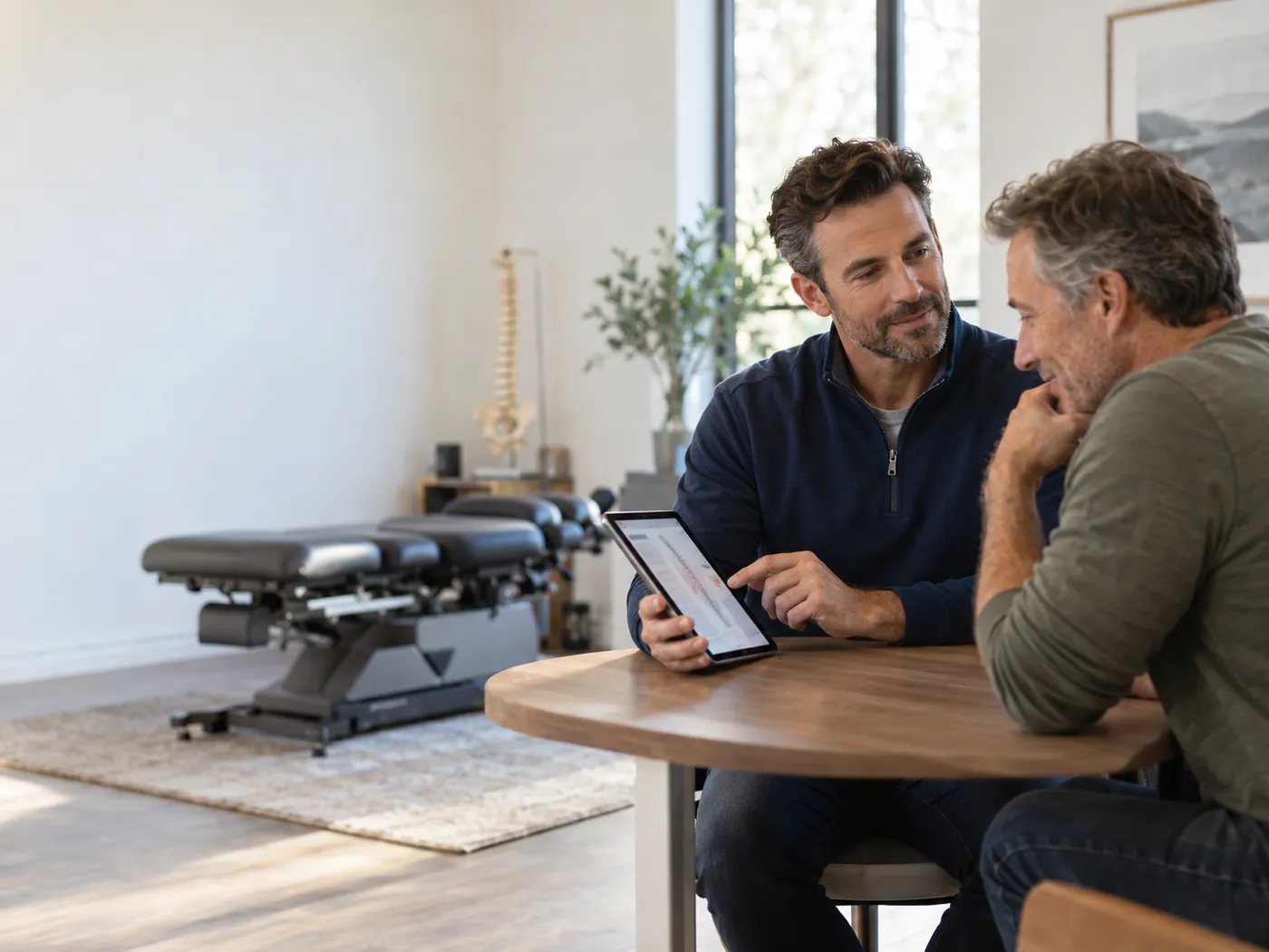 Chiropractor presenting a spinal decompression care plan to a patient on a tablet