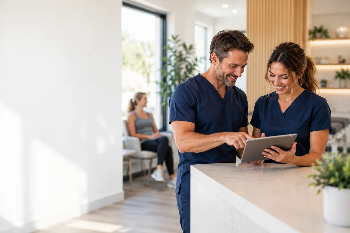 Chiropractor and nurse practitioner reviewing a regenerative care plan together